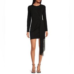 Badgley Mischka Harley Crepe Fringe Crew Neck Long Sleeve Bodycon Dress